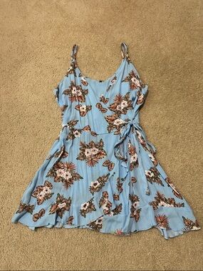 ZAFUL Light Blue Floral Cami Wrap Mini Sundress